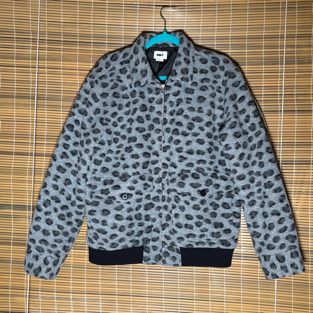 Obey Propaganda Gray and Black Leopard Bomber Jacket